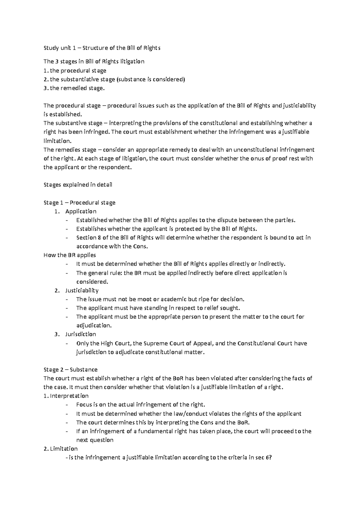 FUR2601 Study Unit 1: Stages of Bill of Rights Litigation Explained ...