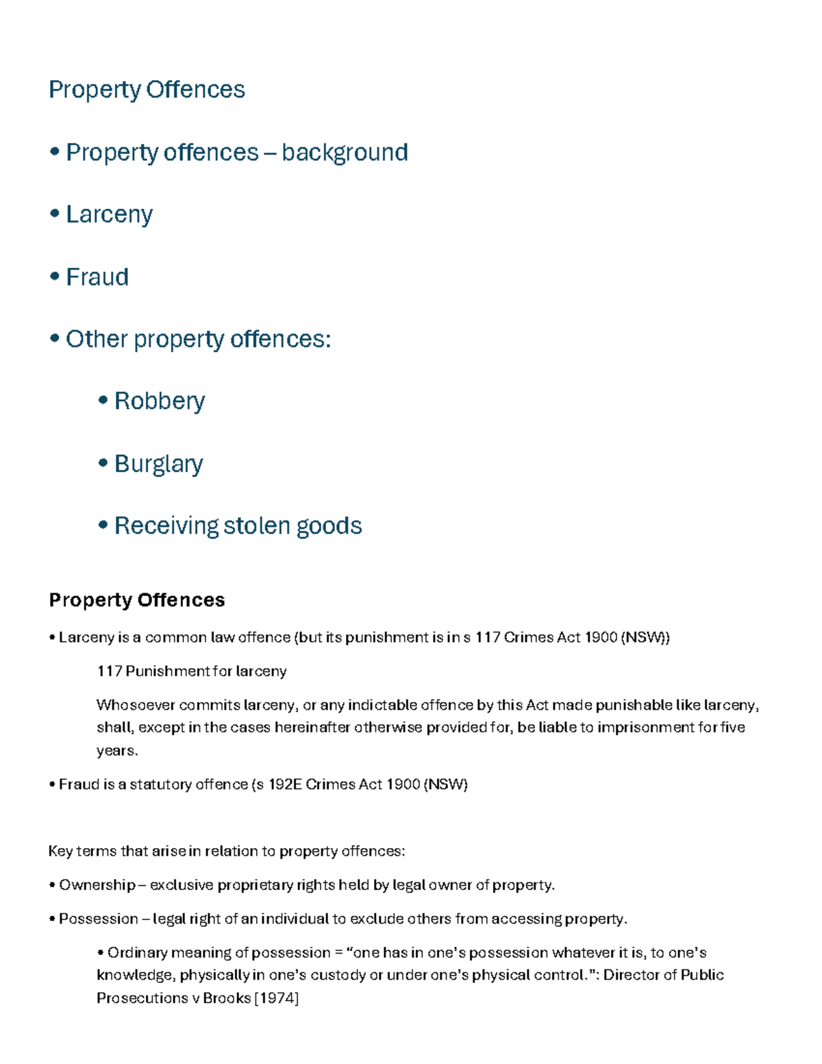 Property Offences: Larceny, Fraud, Robbery & Burglary Overview (LAWS117 ...