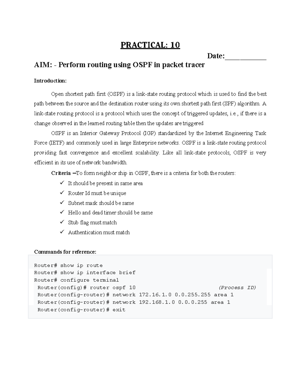 Practical: OSPF Routing Implementation in Packet Tracer - BCA - Studocu
