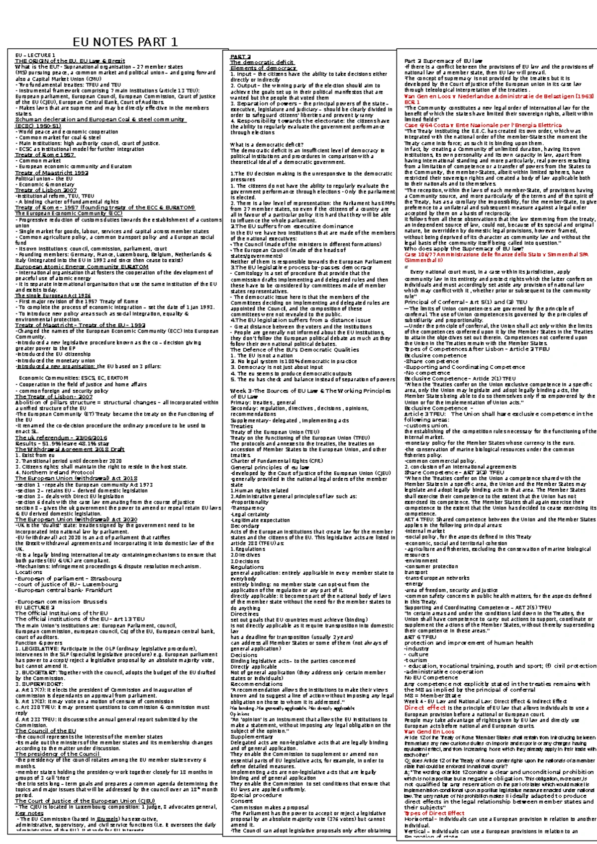 EU Print FOR EXAM - Notes for EU law exam - LECTURE 1 – EU LAW, THE ...