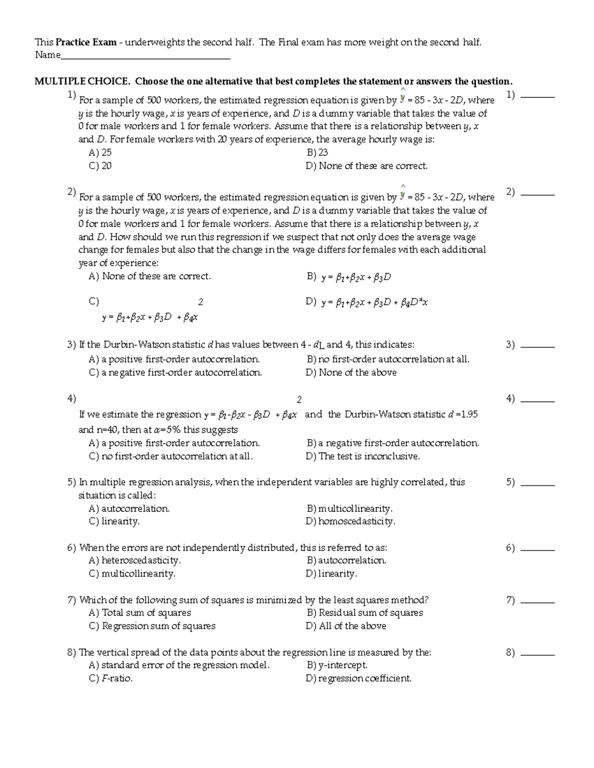 Final Exam Practice 1: Regression Analysis and Statistical Concepts ...