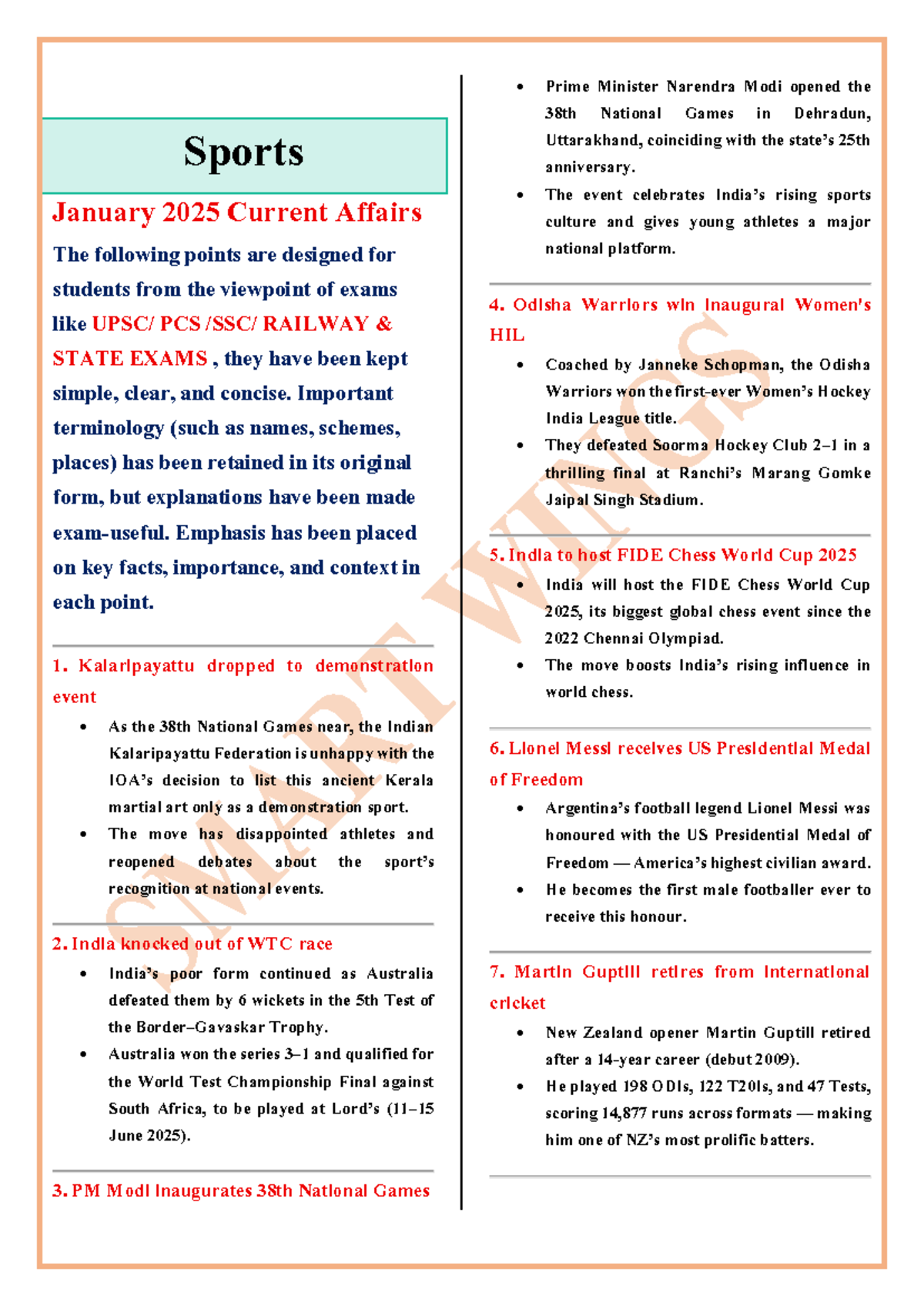 Sports Current Affairs January 2025 for PCS & State Exams - Studocu