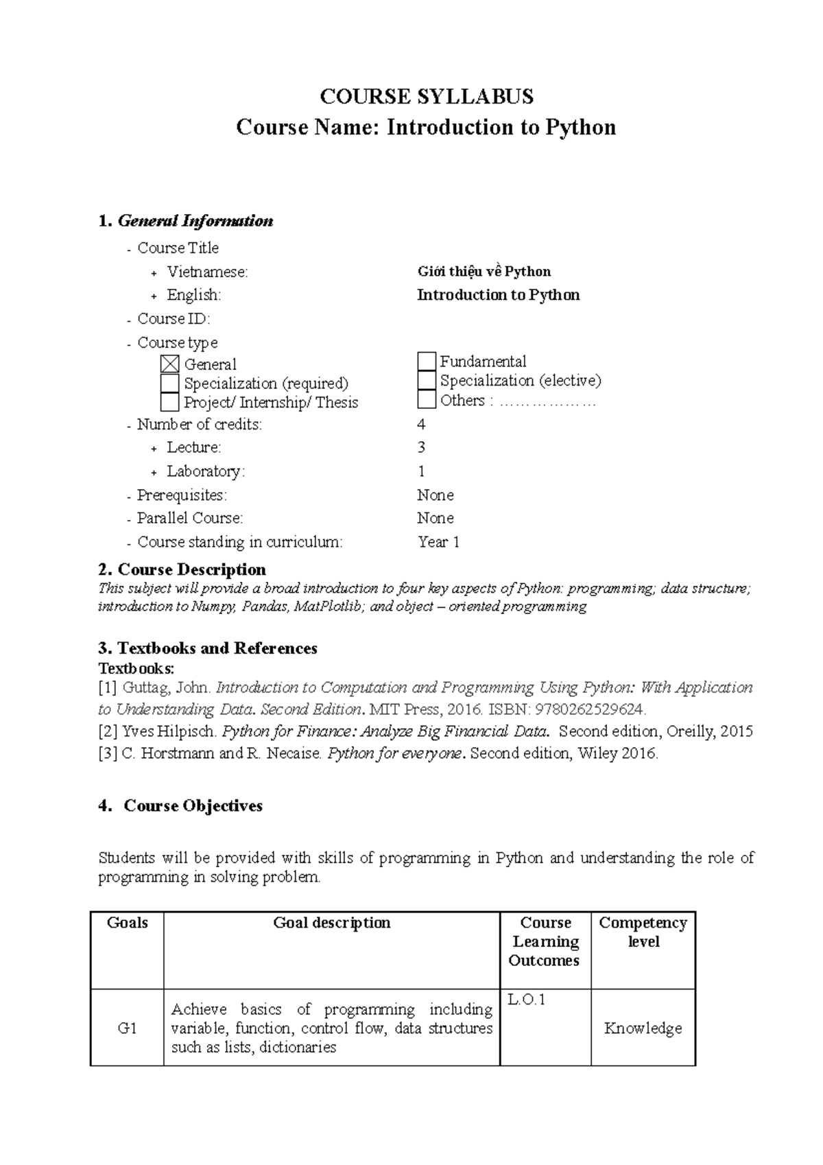 Python - ôn tập 1 - COURSE SYLLABUS Course Name: Introduction to Python ...