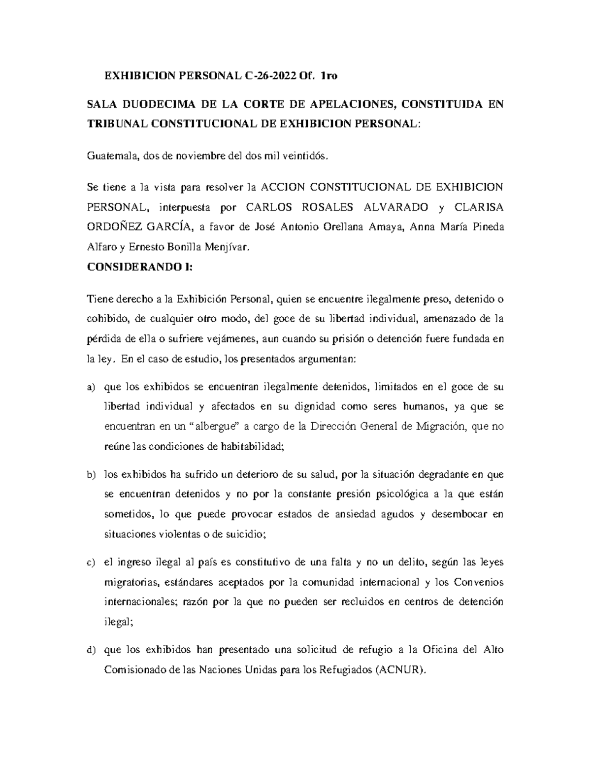 Resolución Sobre Acción de Exhibición Personal C-26-2022 Of. 1ro - Document Preview