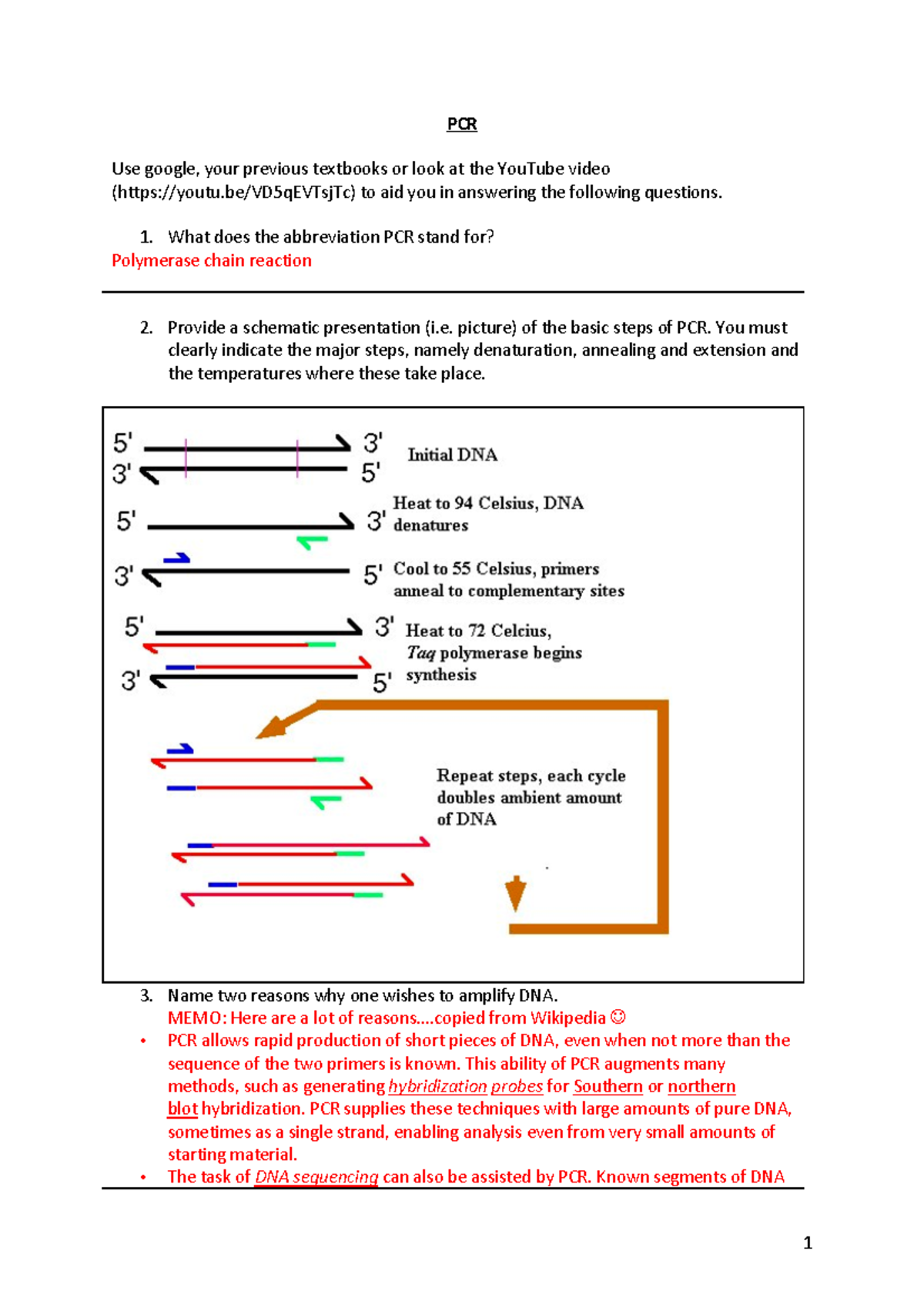 PCR Memo - Tutorial - PCR Use google, your previous textbooks or look ...
