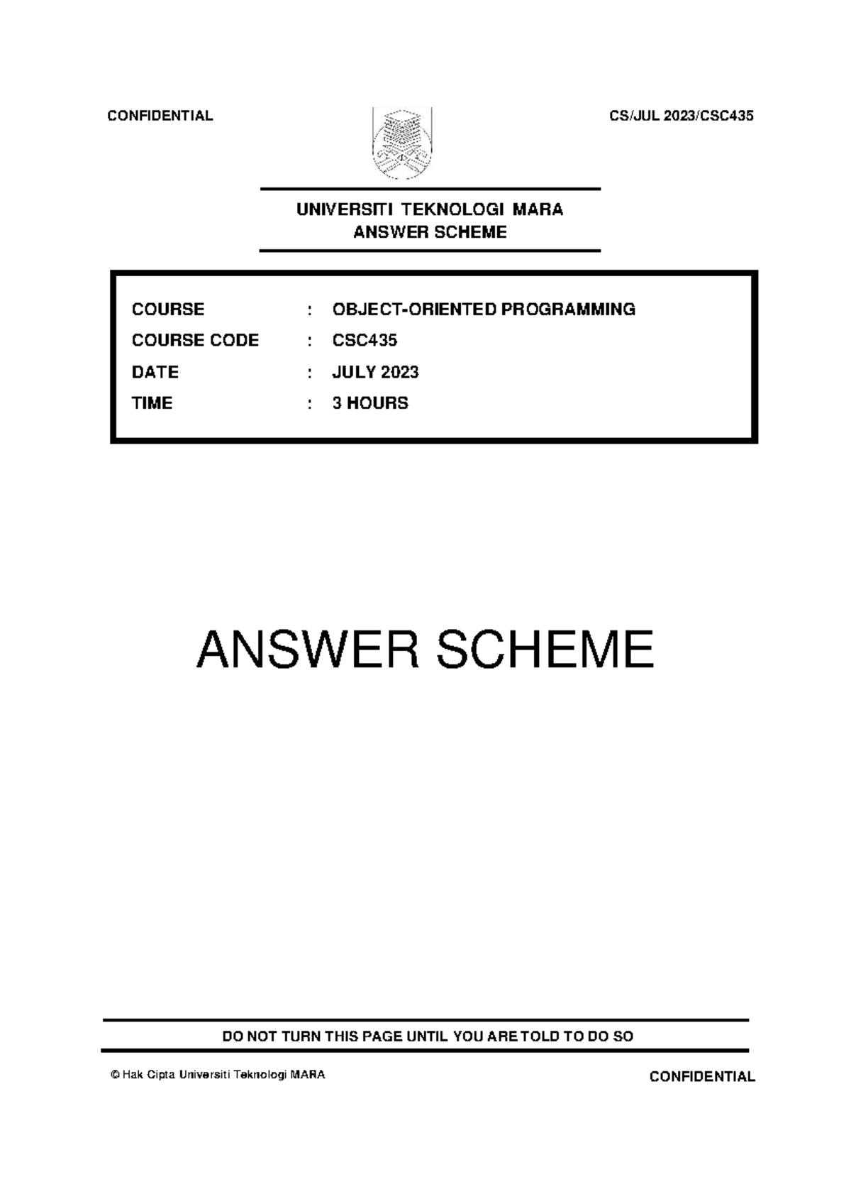 Answer Scheme for CSC435 Programming Course - July 2023 - Studocu
