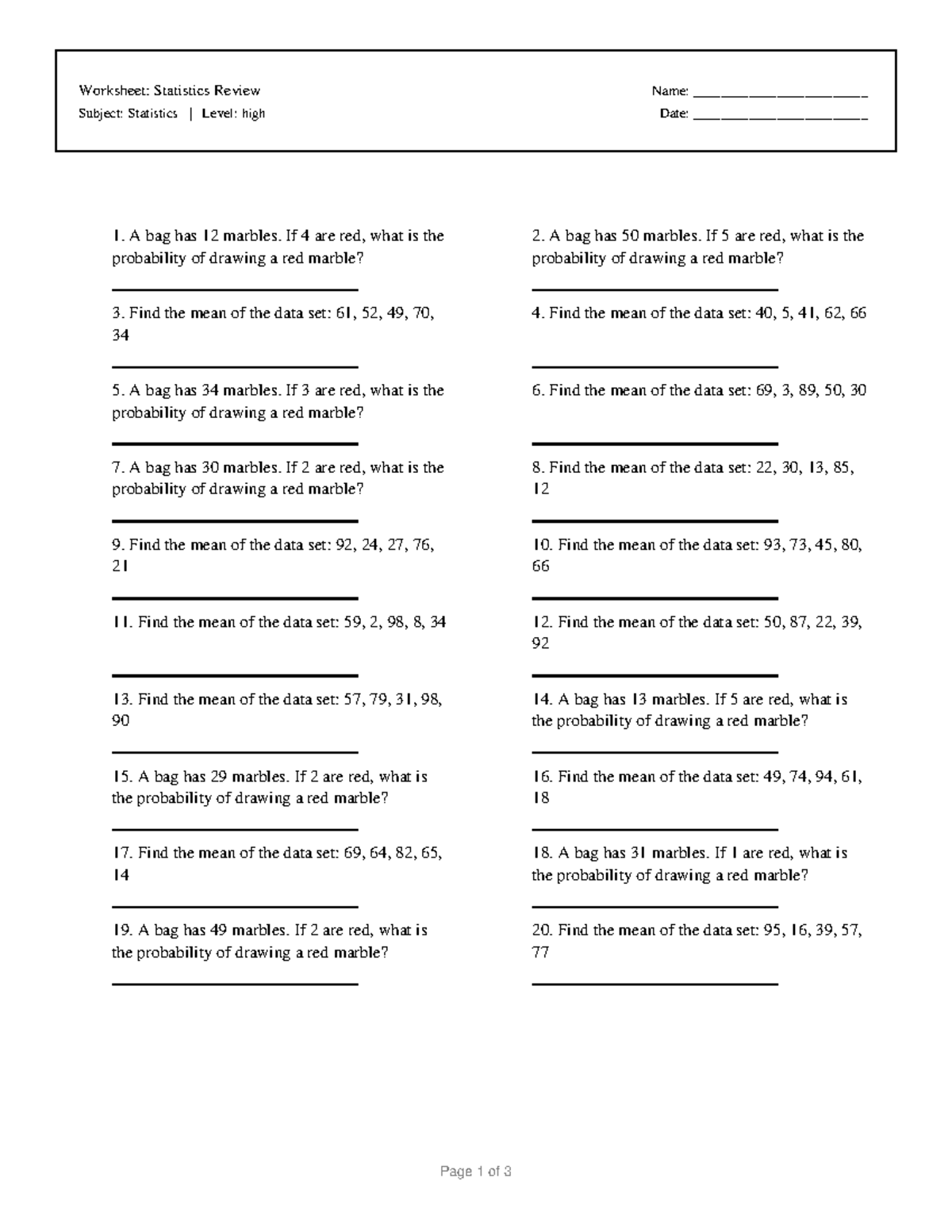 Statistics 3: Worksheet on Probability & Mean Calculations - Studocu