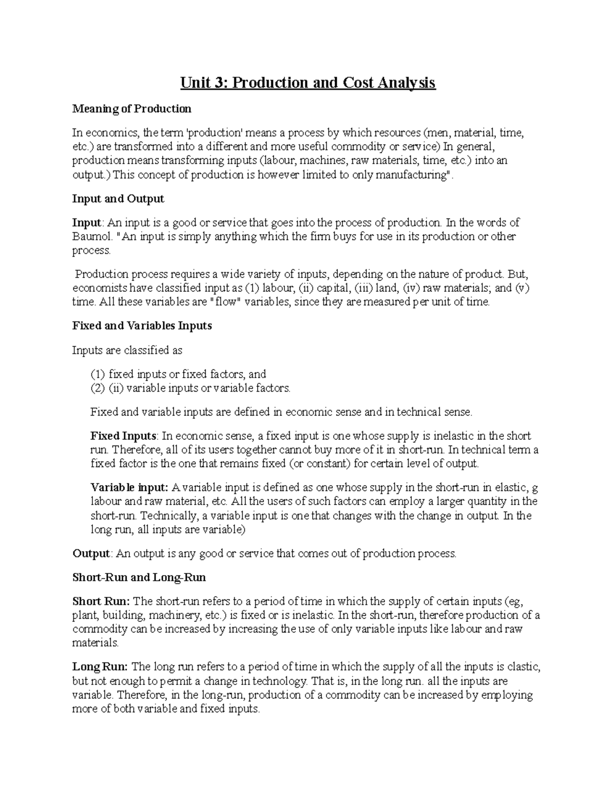 Unit 3 Economics: In-Depth Production and Cost Analysis - Studocu