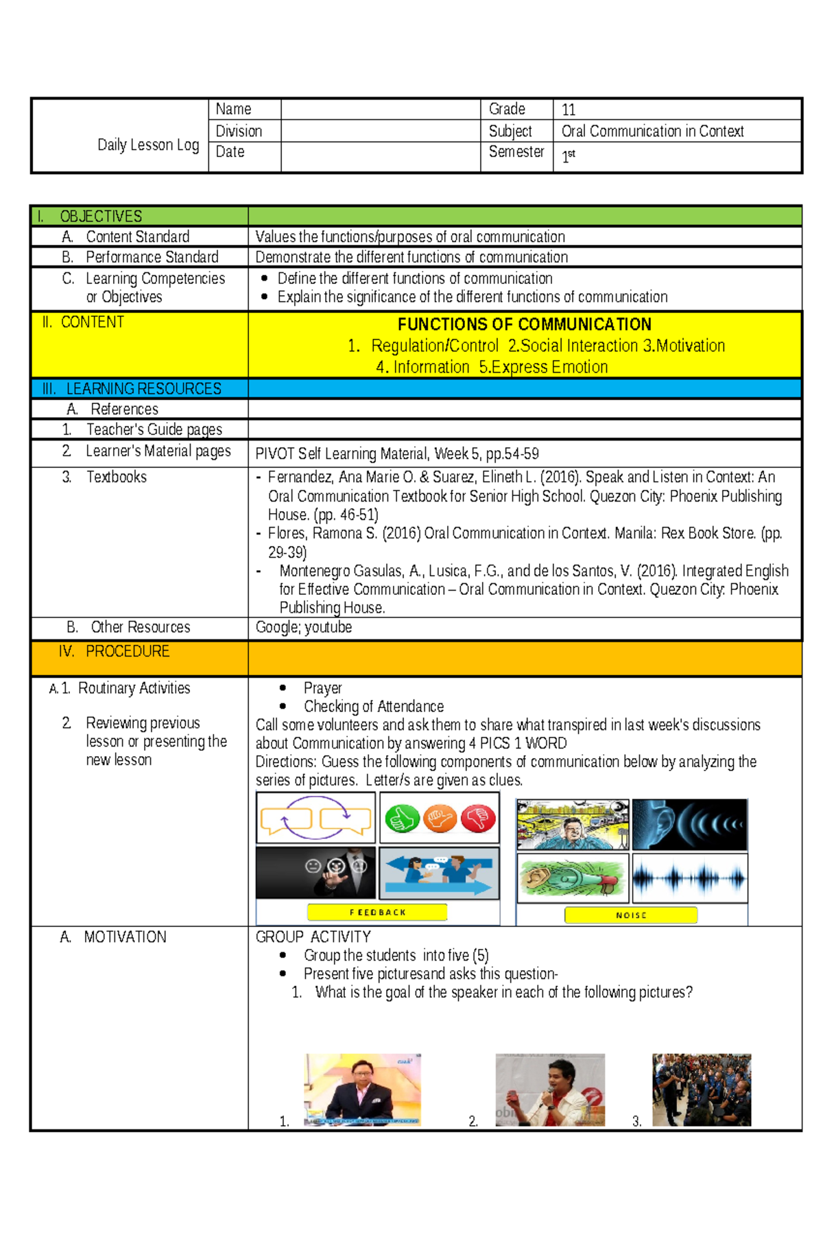SHS ORAL Commm - SHS MATERIALS - Daily Lesson Log Name Grade 11 ...