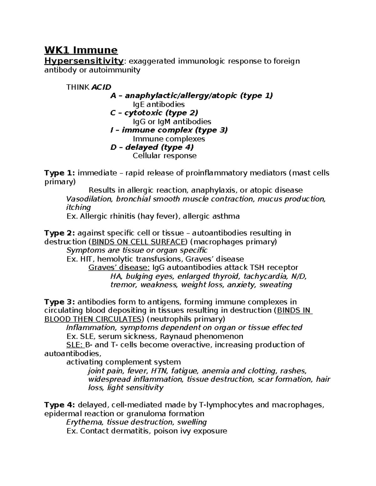 NR 507 Final Study Guide: Immune Hypersensitivity & Disorders - Studocu