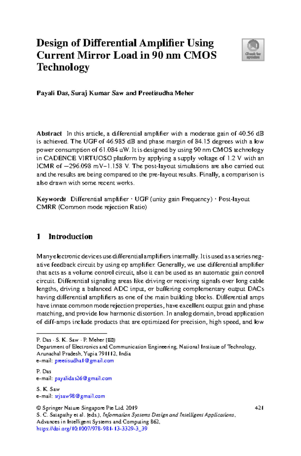 Design of Differential Amplifier with Current Mirror Load in 90nm CMOS ...