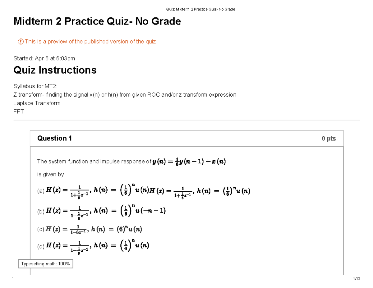 Midterm 2 Practice Quiz - Signal Processing and System Functions - Studocu
