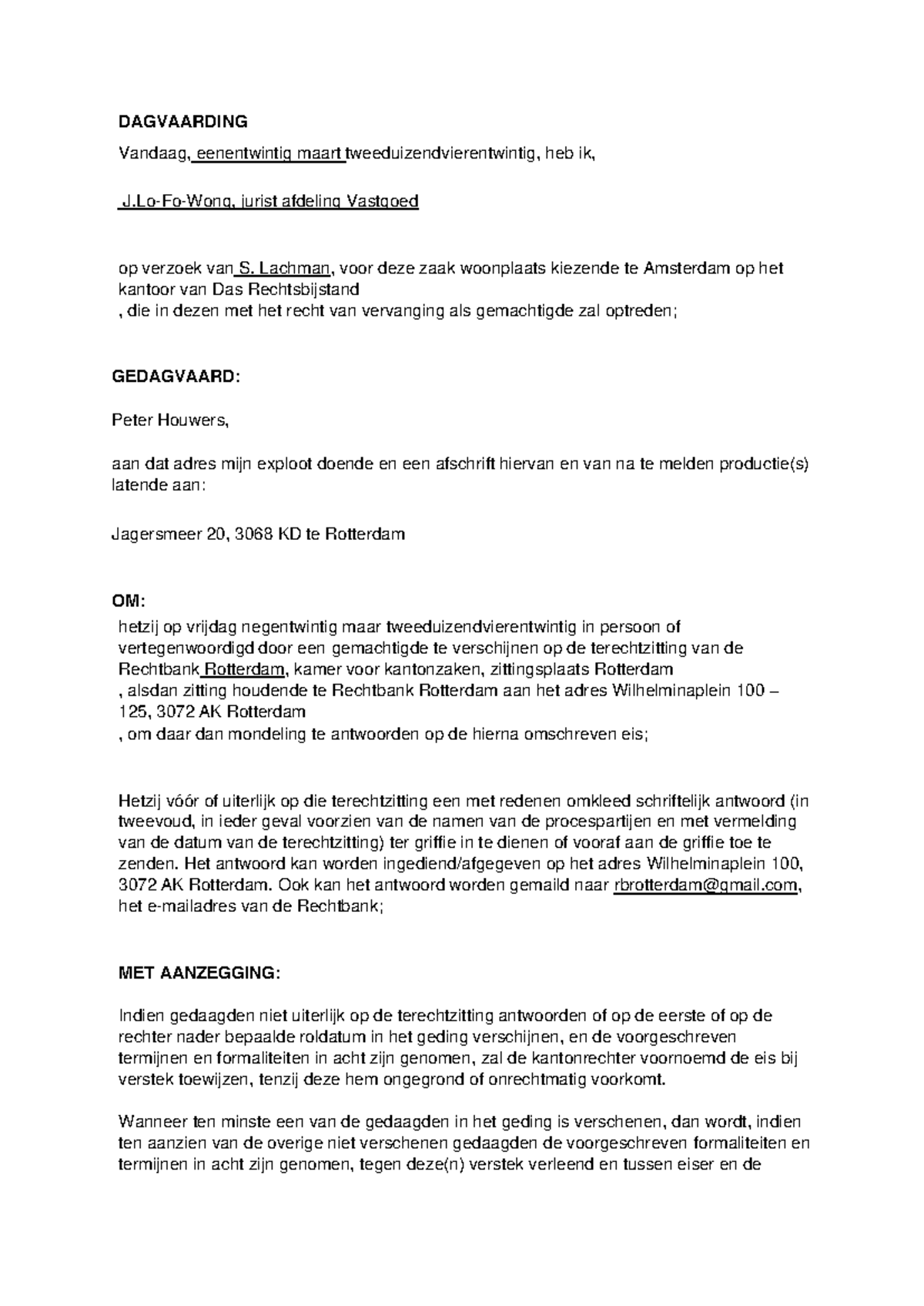 Dagvaarding - Huurrecht Procedure & Vonnis Voorlopige Zitting - Studeersnel