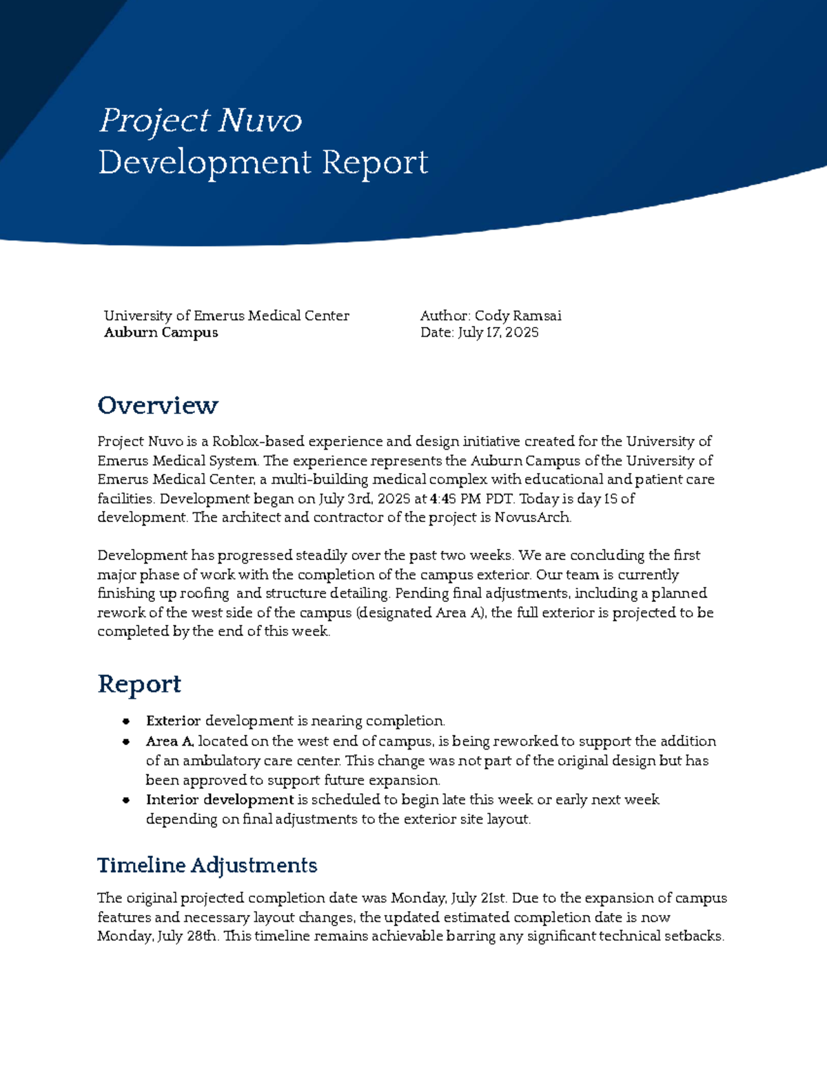 Project Nuvo Development Report (7/17/25) - Auburn Campus Update - Studocu