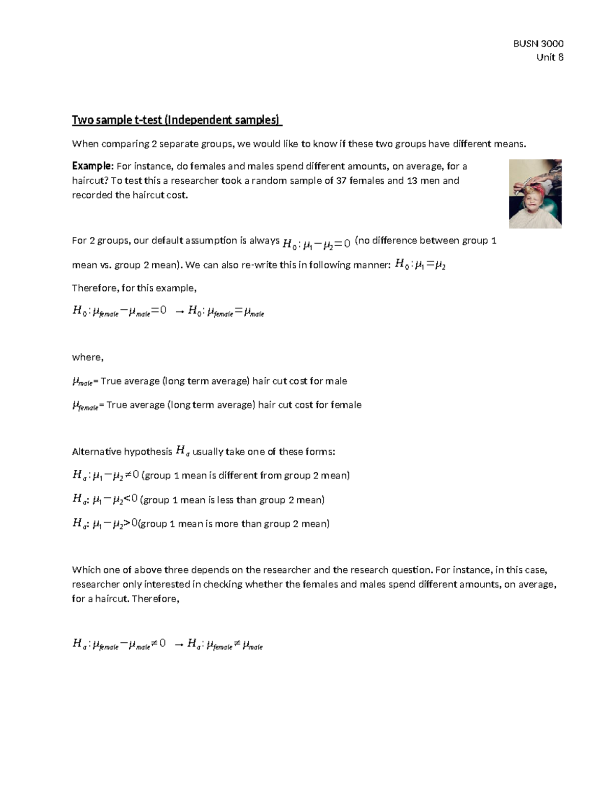 BUSN Unit 8 In-Class Notes on Two Sample Hypothesis Testing - Studocu