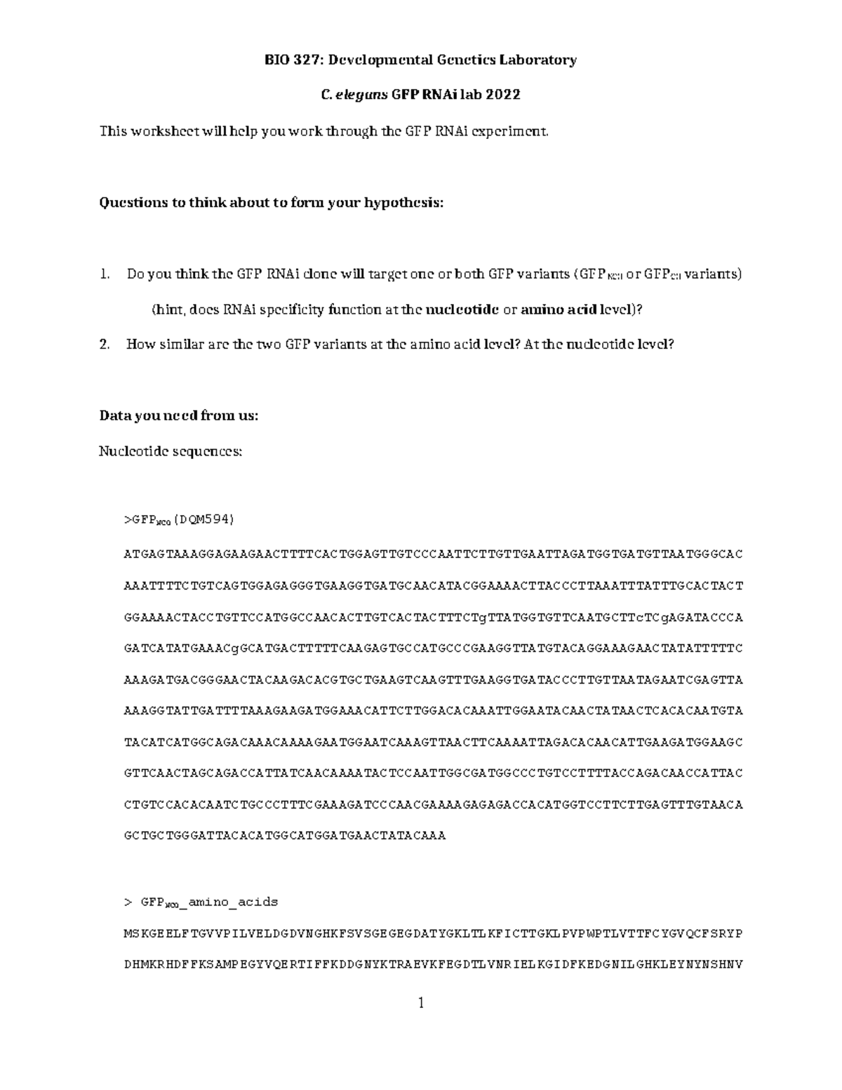 BIO 327: GFP RNAi Lab Worksheet for C. elegans Experiment - Studocu