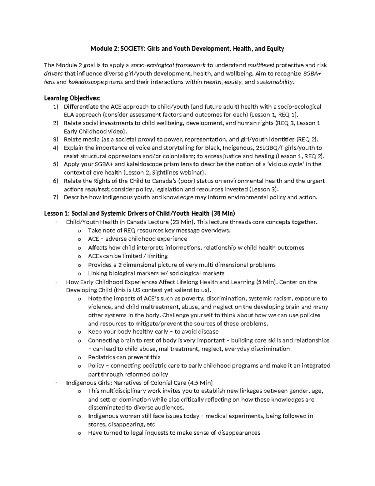 Module 2 Notes: Girls' Youth Development, Health & Equity (SOCI 101 ...
