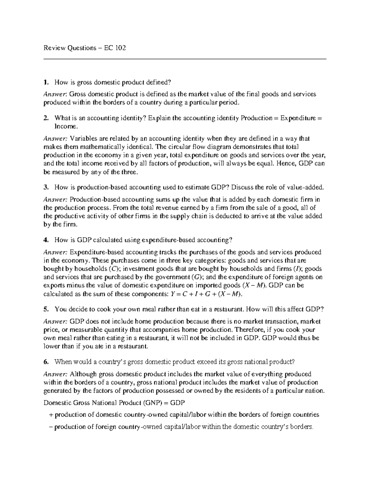 Review Questions I / EC102 Spring 2025: GDP & Economic Indicators - Studocu