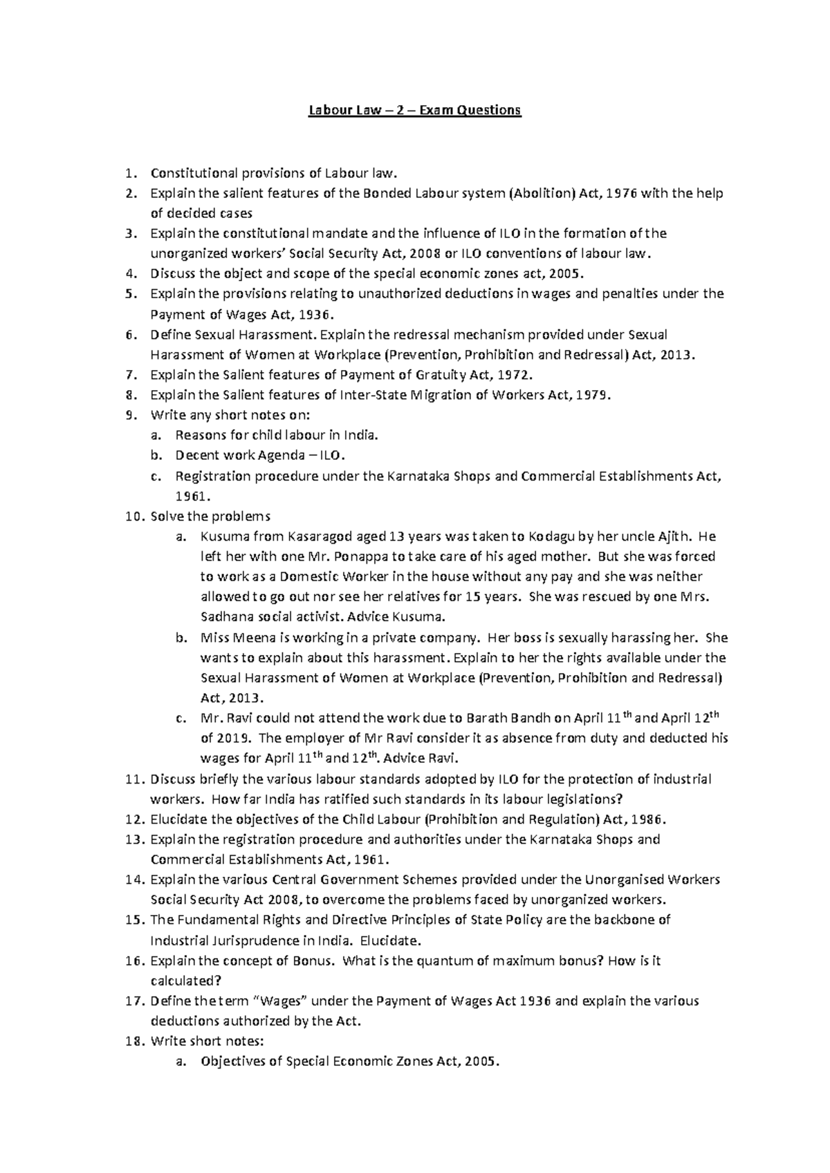 Labourlaw 2 - Exam Questions & Key Topics Overview - Studocu