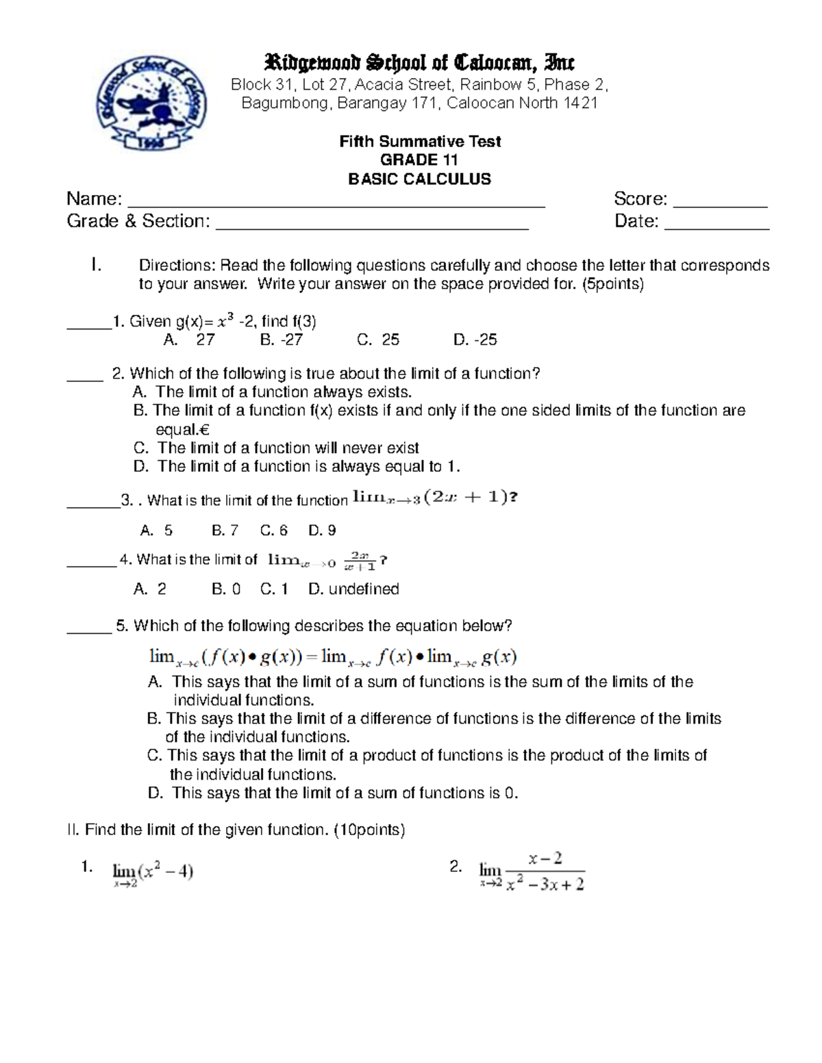 Basic Calculus Summative Test - Ridgewood School of Caloocan, Inc Block ...