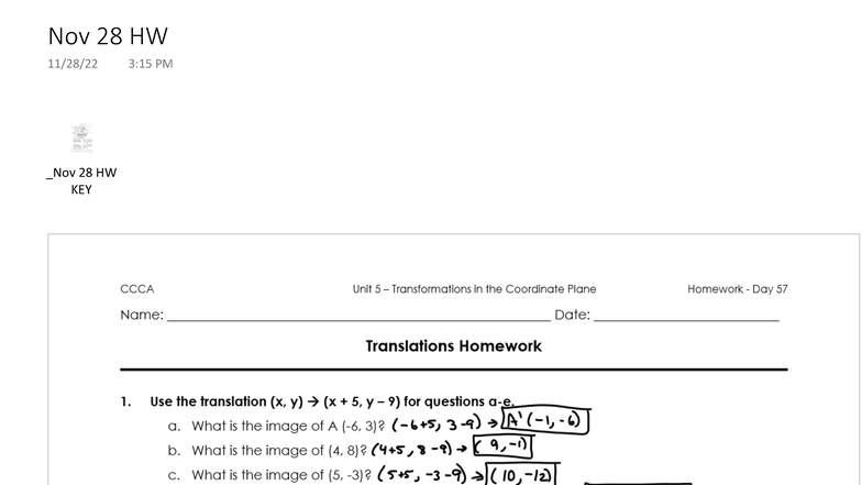 Nov 28 HW KEY: Unit Transformation & Translations Homework - Studocu