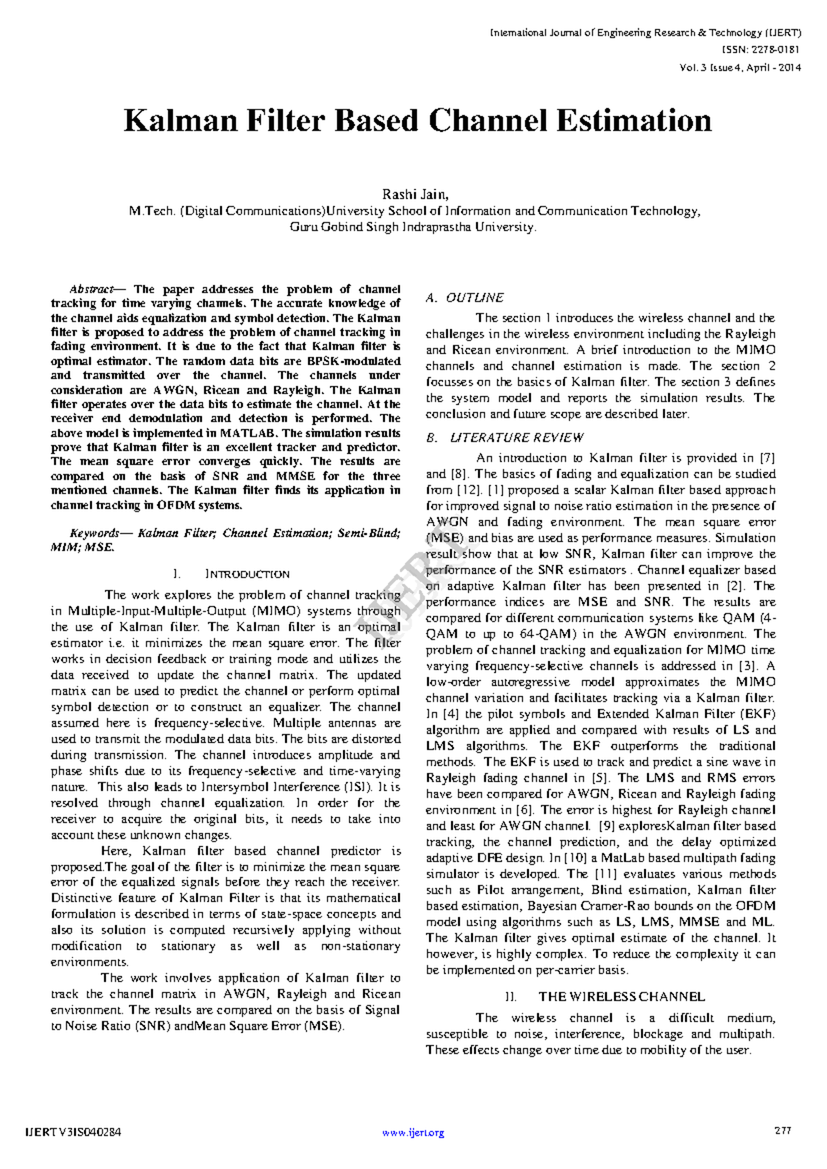 Kalman Filter Based Channel Estimation in MIMO Systems (IJERT ...