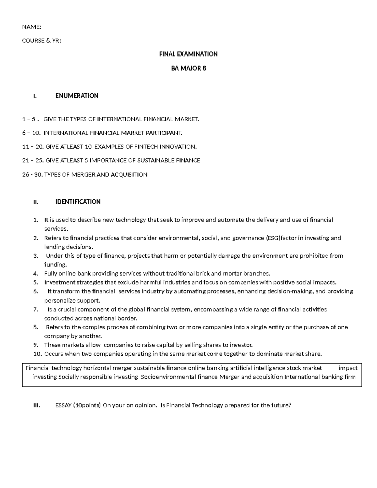BBA Final Exam Guide - Financial Markets & Sustainable Finance - Studocu