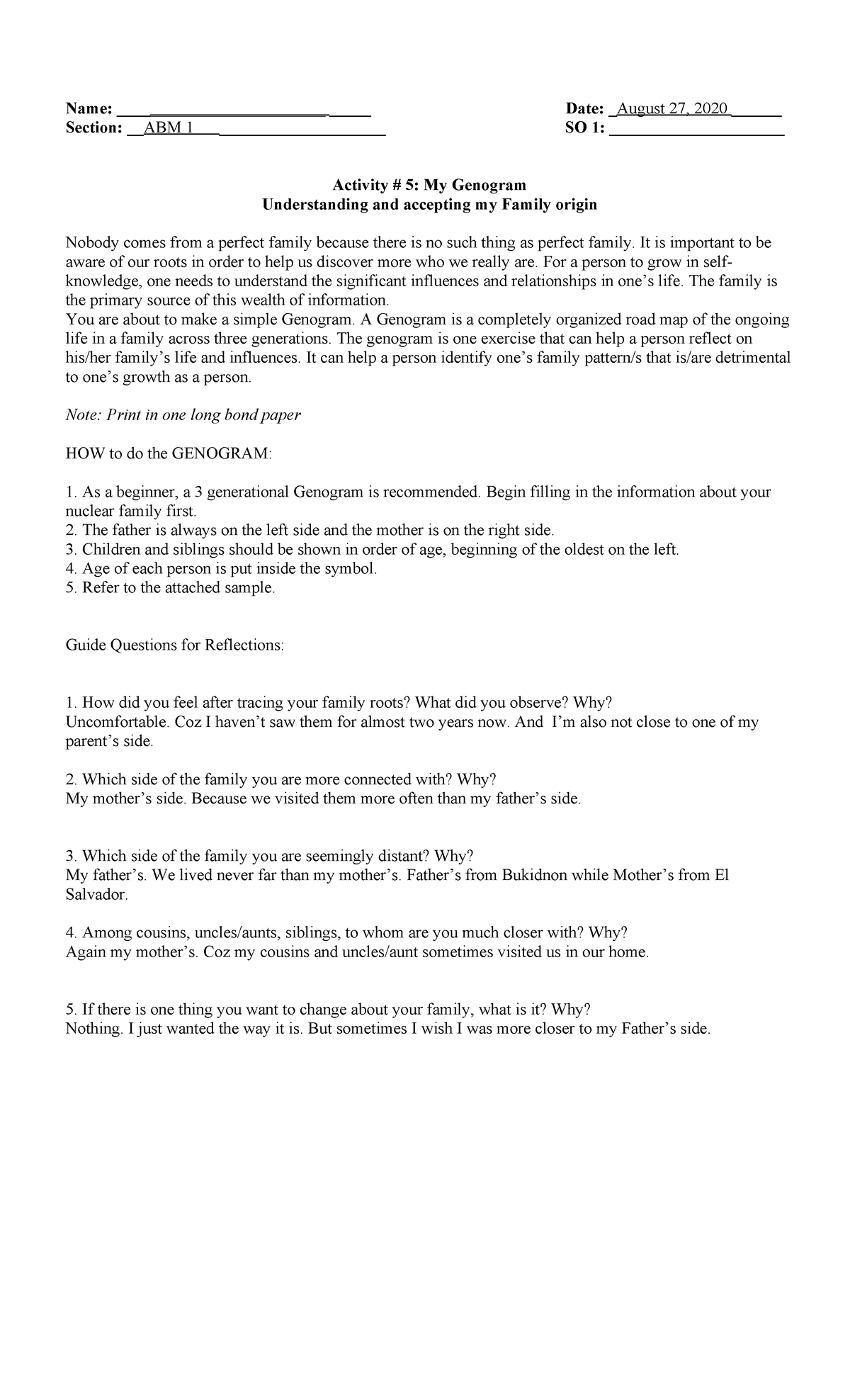 Activity #5: My Genogram & Family Reflection - ABM 1 - Studocu