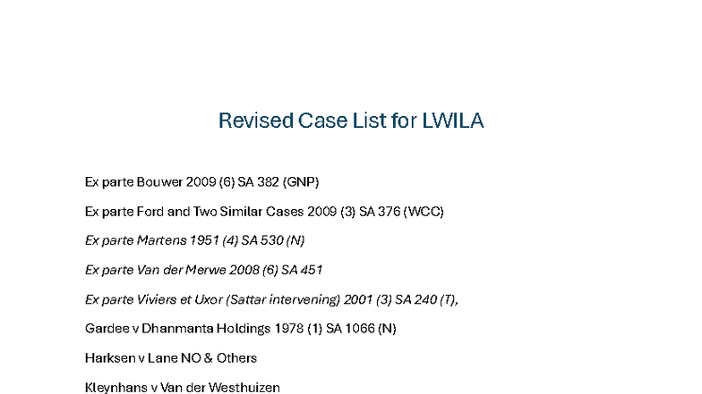 Revised Case List for LWILA - Legal Studies - Studocu