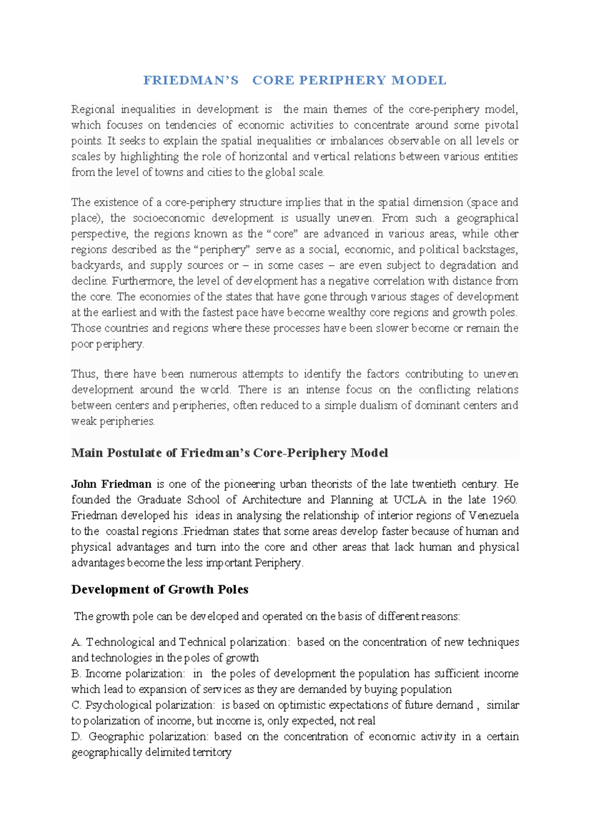 CORE PERIPHERY MODEL: Analyzing Regional Development Inequalities - Studocu