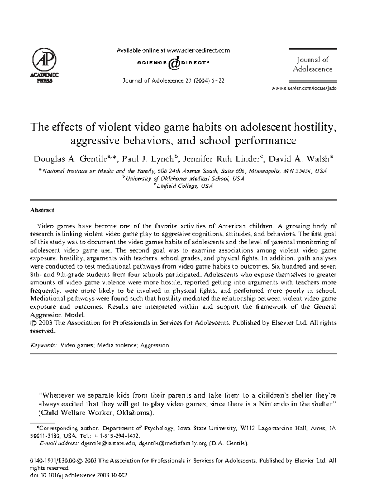 The Effects of Violent Video Games on Adolescent Behavior and ...