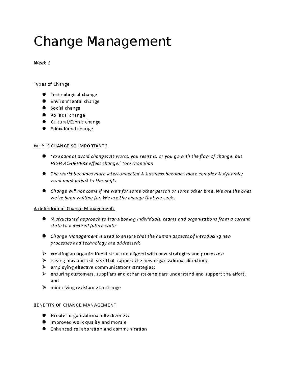 Change Management - Summary of Weeks 1-6 for Course W 2 - Studeersnel