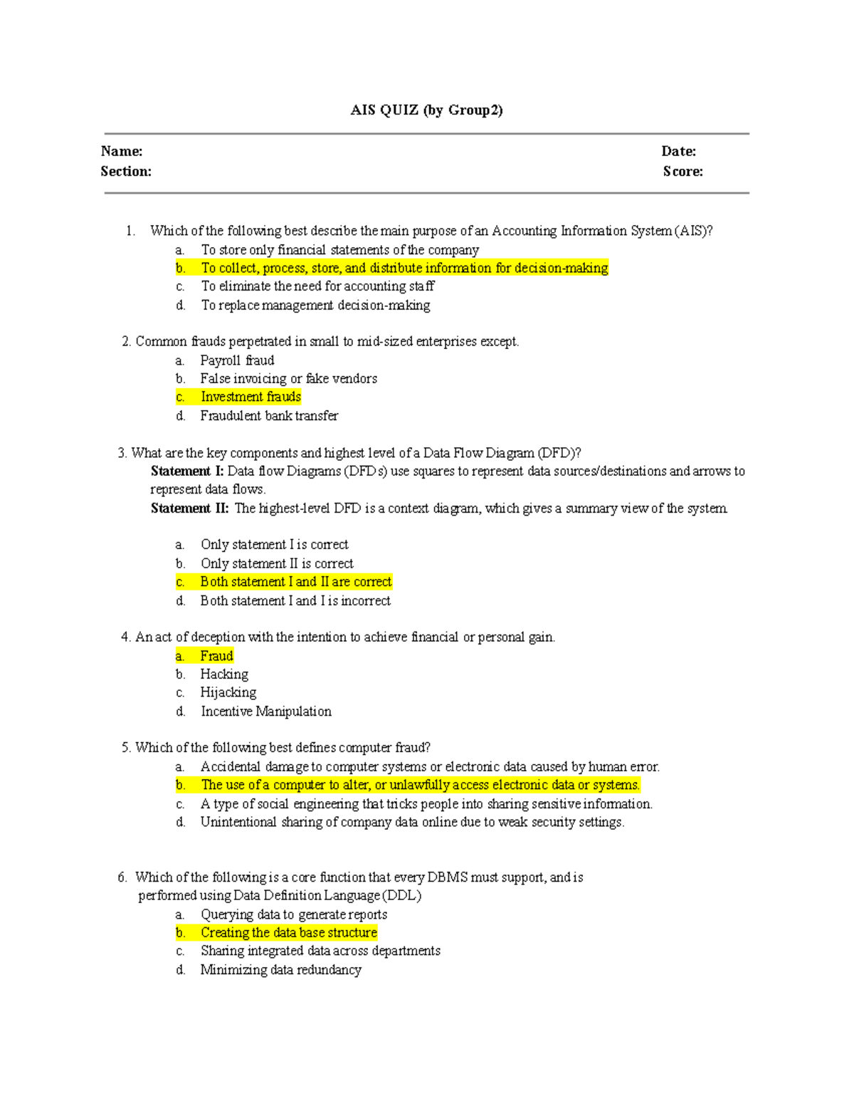 AIS QUIZ (Group 2) Answer Key and Study Notes - Studocu