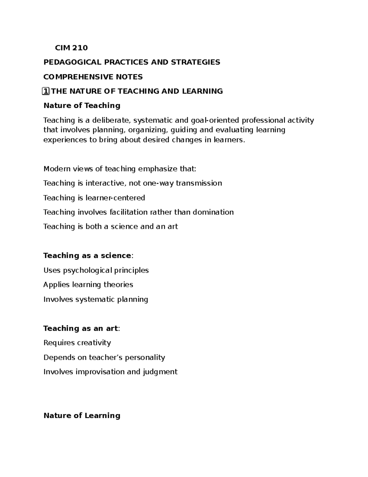 CIM 210 Comprehensive Notes on Pedagogical Practices and Strategies ...