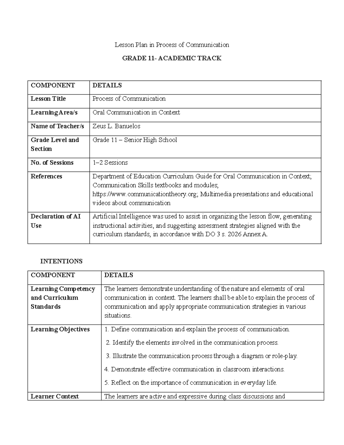 Lesson Plan: Process of Communication for Grade 11 SHS - Studocu