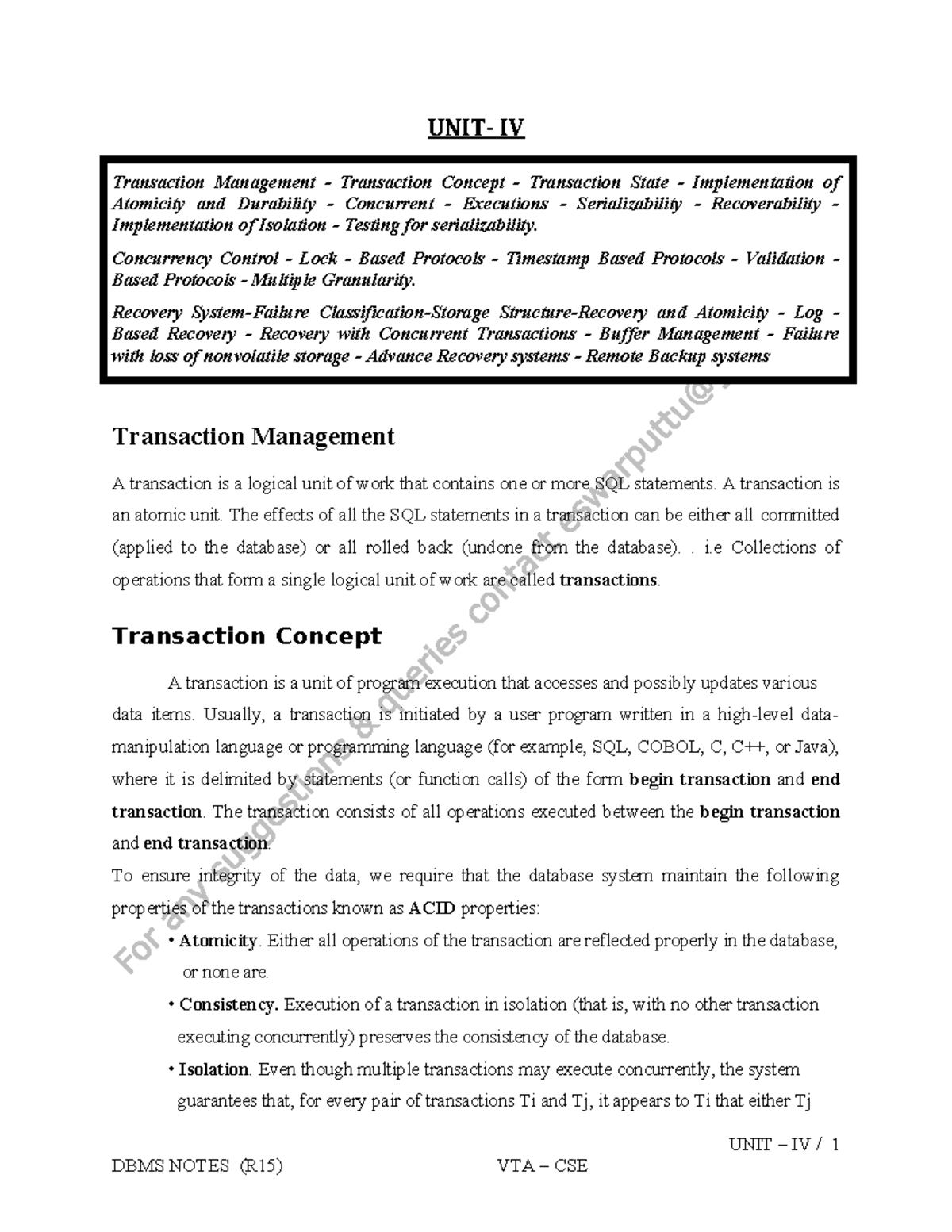 DBMS NOTES (R15) VTA CSE UNIT IV: Transaction Management Concepts and ...