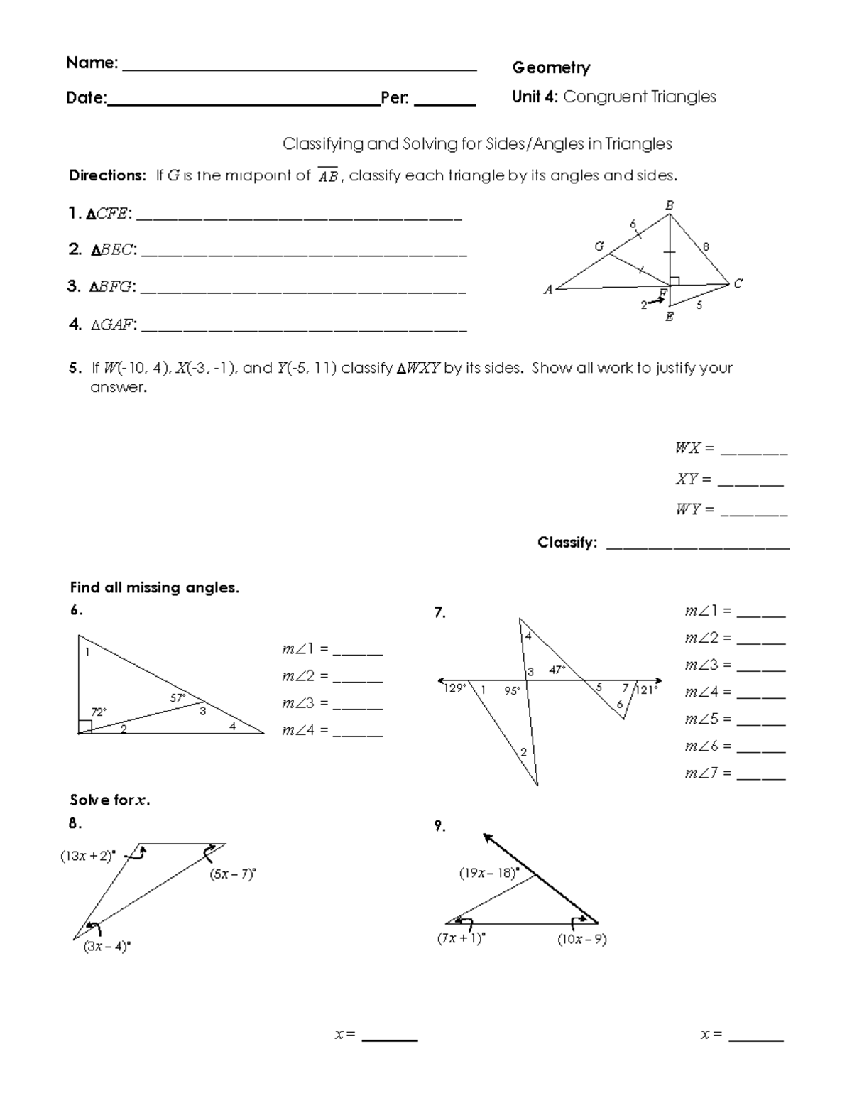 Geometry Unit 4: Congruent Triangles Quiz - Classifying & Solving - Studocu