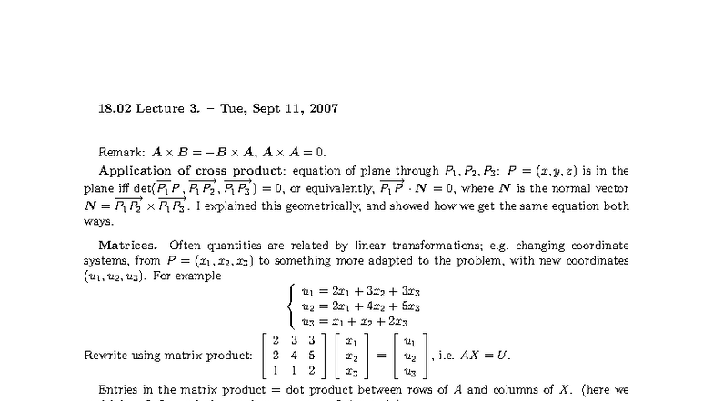 18.02 Lecture 3: Application of Cross Product & Matrices - Studocu
