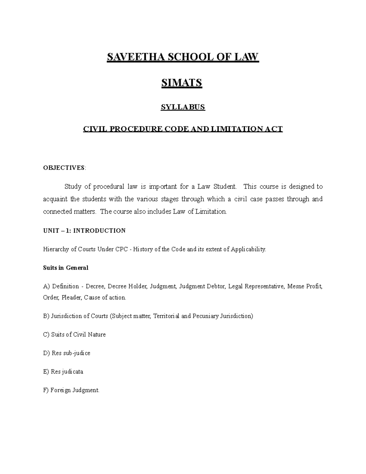 Syllabus CPC - Chtvhnn - SAVEETHA SCHOOL OF LAW SIMATS SYLLABUS CIVIL ...