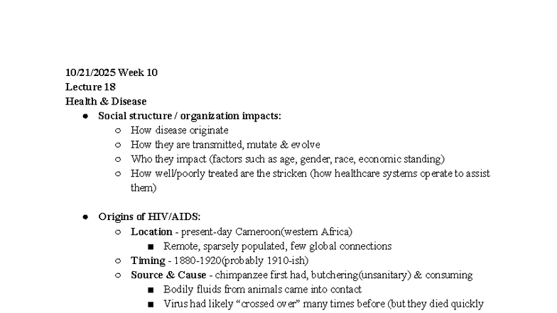 SOCI 110 notes-2 - exam 5 notes - 10/21/2025 Week 10 Lecture 18 Health ...