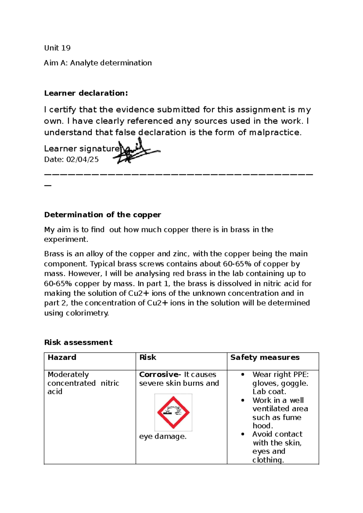Unit 19 A: Copper Determination in Brass - Experiment & Analysis - Studocu
