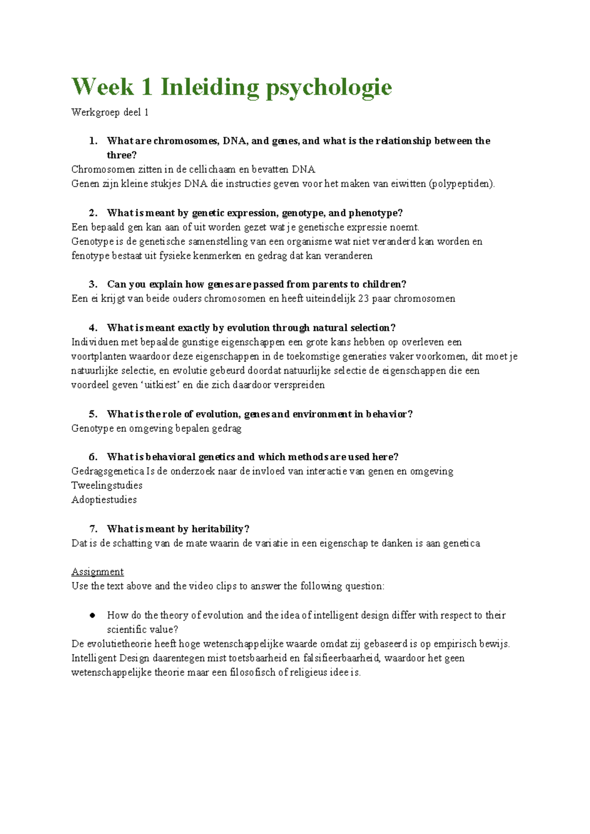Inleiding Psychologie: Werkgroep Week 1-6 Samenvattingen en Opdrachten ...