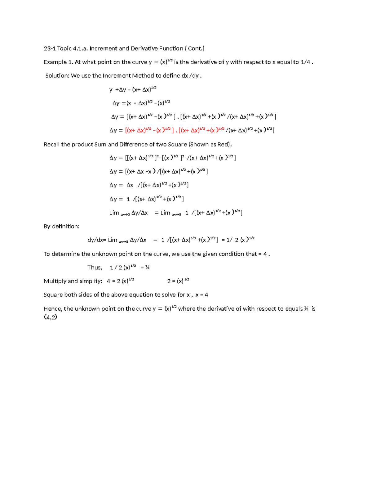 Math 111: Topic 4.1.a - Increment and Derivative Functions (Cont ...