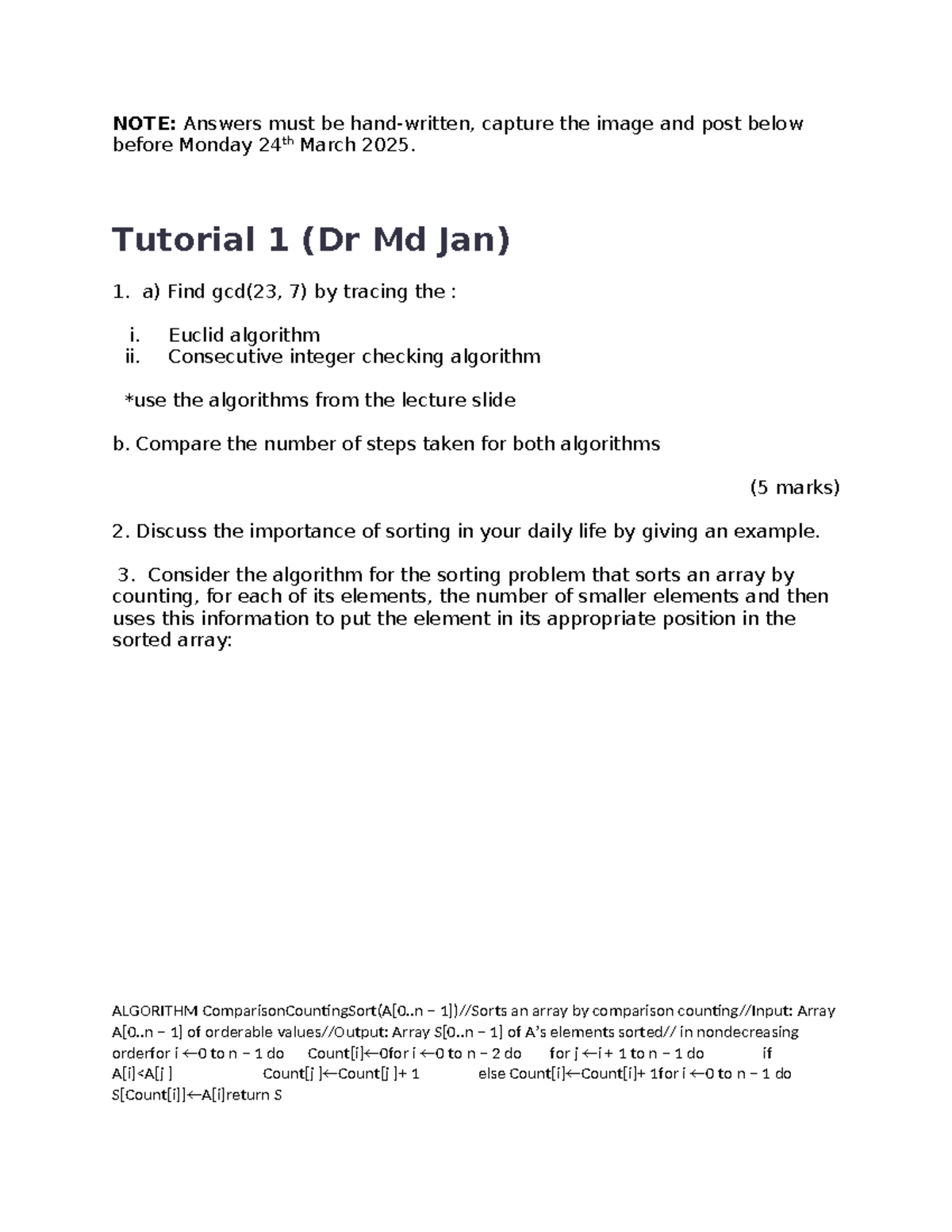 Tutorial 1 (CS101) - GCD Algorithms & Sorting Importance - Studocu
