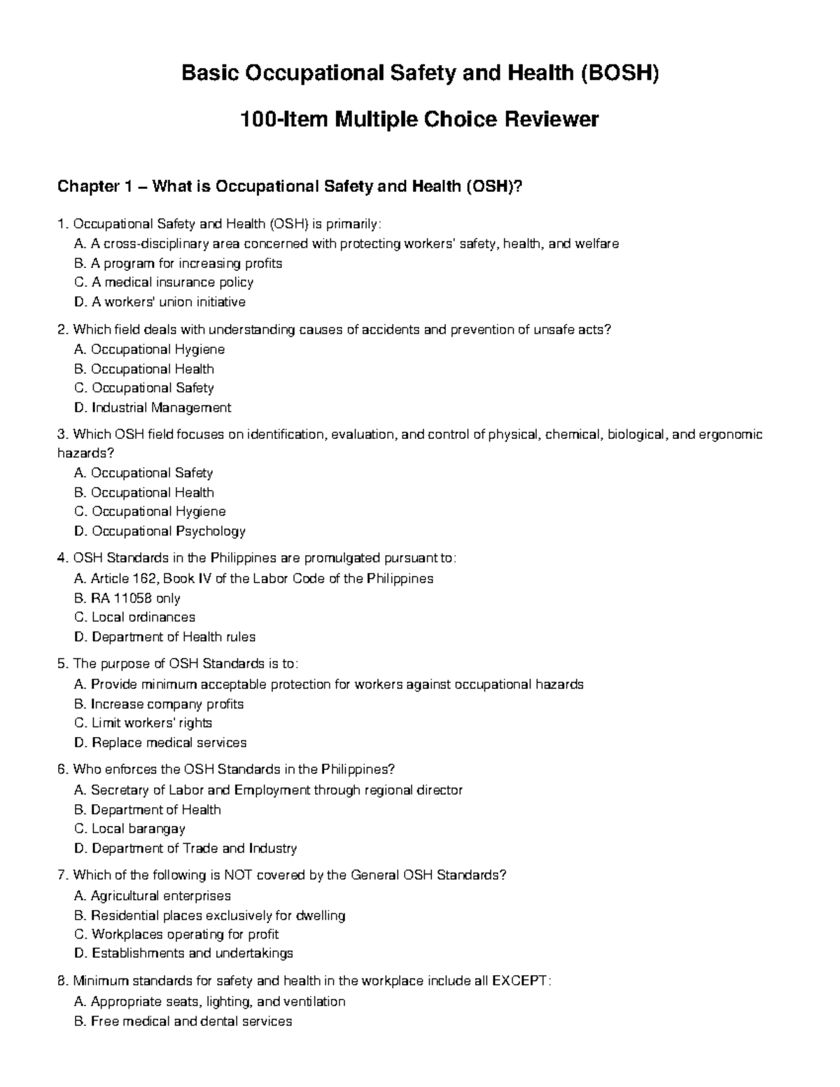 BOSH 100-Item Multiple Choice Reviewer: Occupational Safety & Health ...