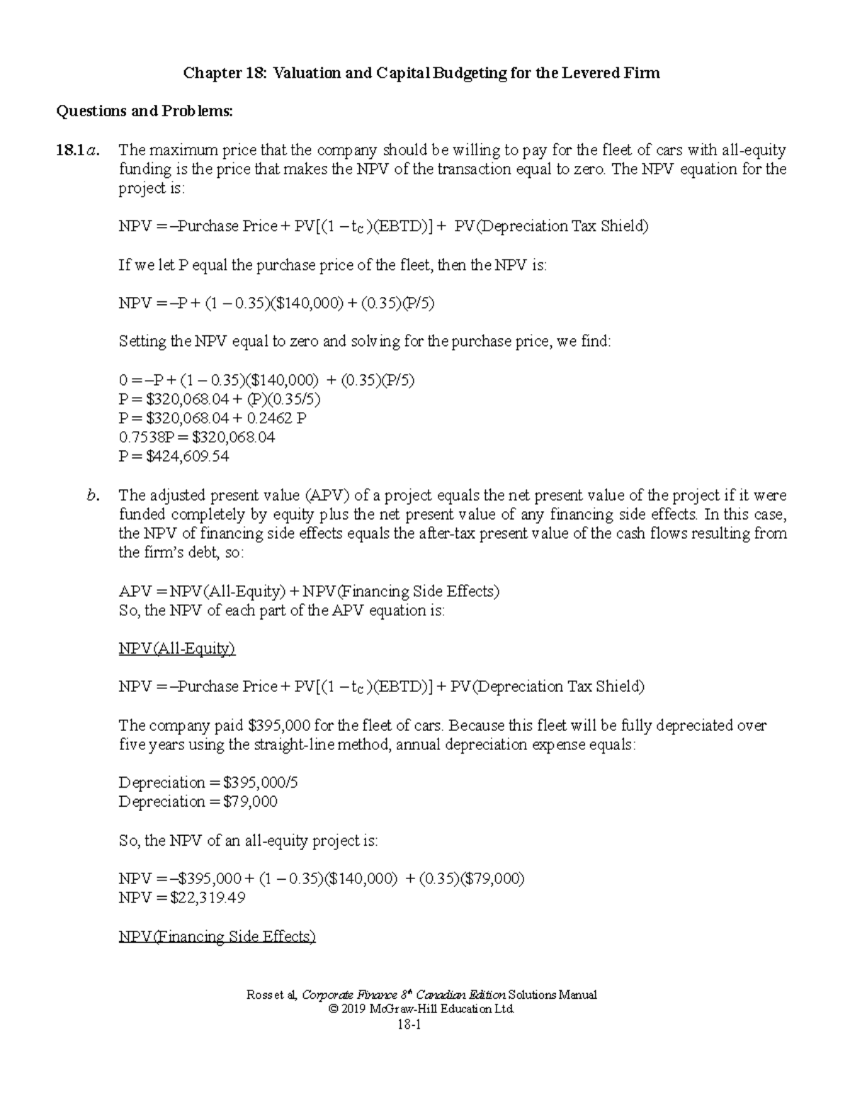 Ross CF 8ce SM Ch18 - Solutions to Valuation & Capital Budgeting ...