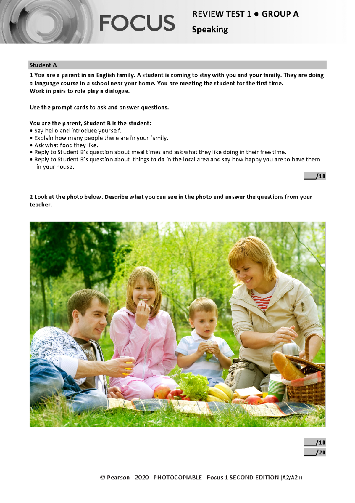 Focus 1 2E Review Test 1 Units 1 2 Speaking Group A - © Pearson 2020 ...