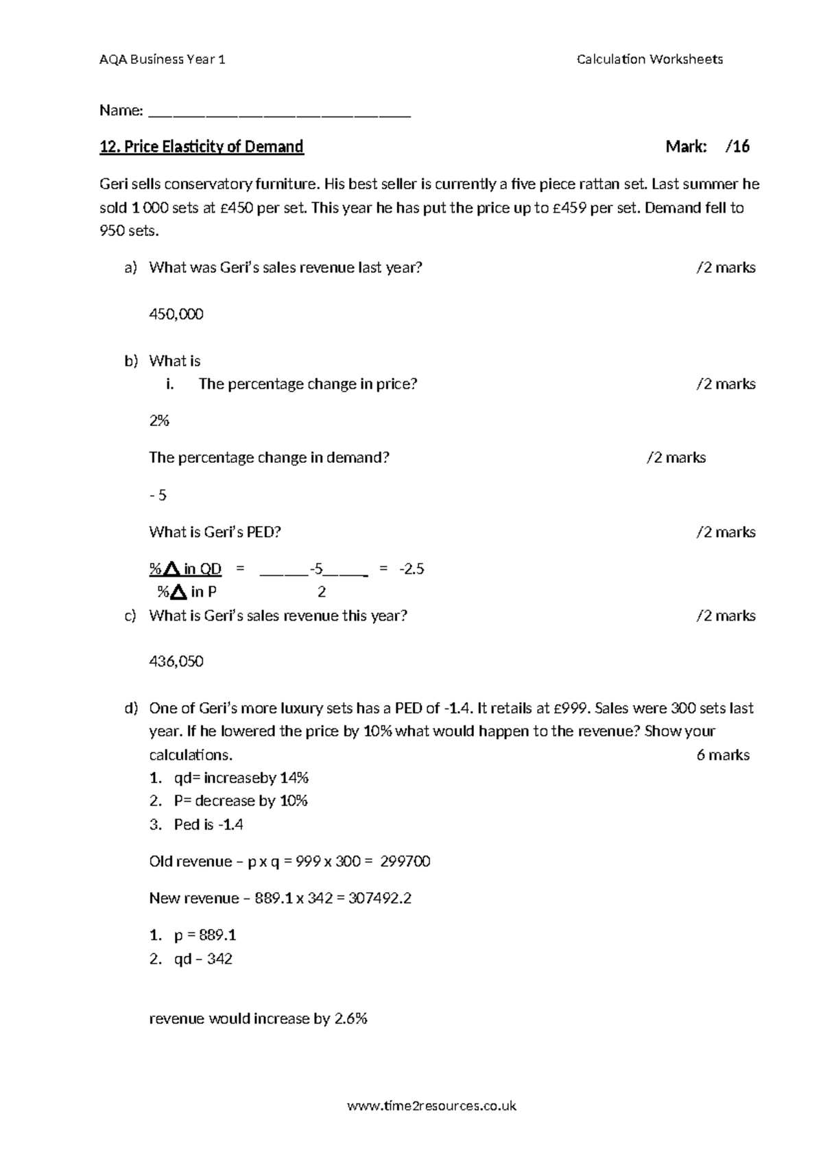 12 Price Elasticity of demand - AQA Business Year 1 Calculation ...
