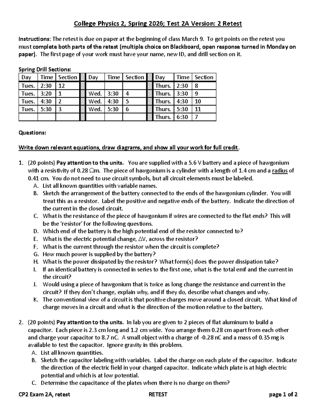 CP2 College Physics 2 Spring Test 2A Retest Instructions - Studocu