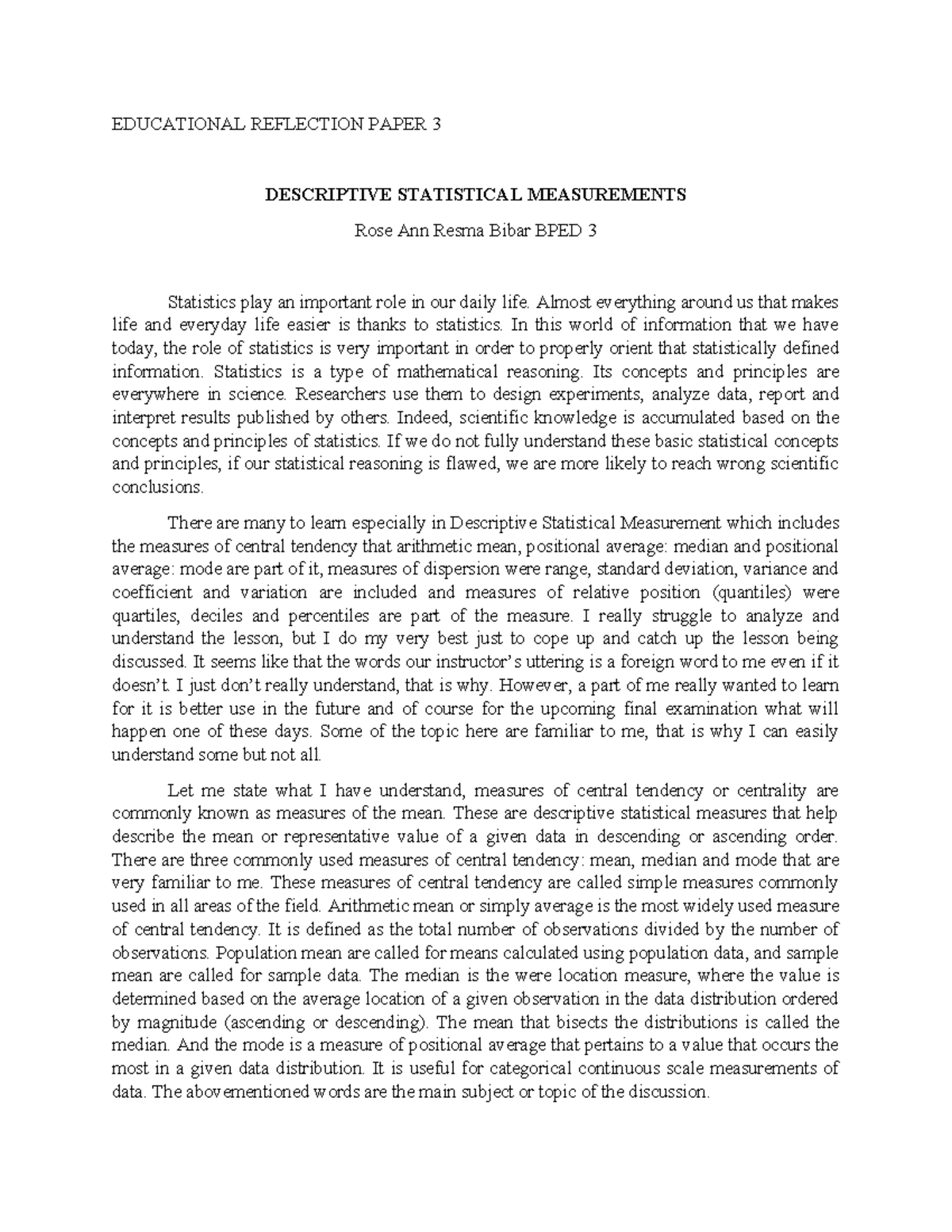 Educational Reflection Paper 3: Insights on Descriptive Statistics ...